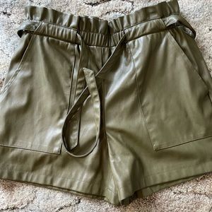 Olive Faux Leather Paper bag Shorts